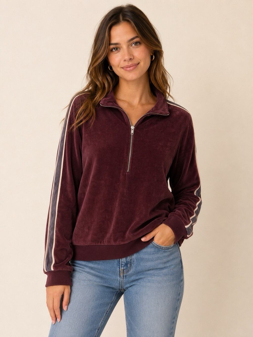 Fabletics Velour Jacket Womens Medium Purple Track Warm Up Half Zip Long Sleeve